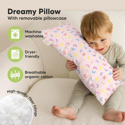 My Little Dreamy Toddler Pillow - Organic Cotton Travel Bed Pillow with Case, Soft & Breathable, 10x18 Inches, Ages 2-5 (Flutter)