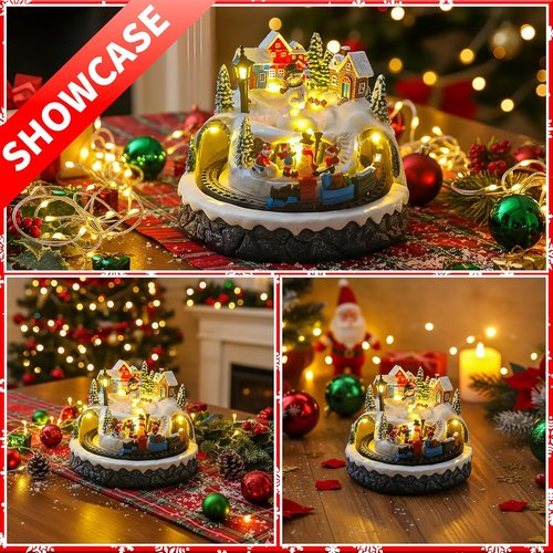 Christmas Village Decoration - Spinning Train & Snowman, Musical Collectible Buildings with LED Lights & Timer Function