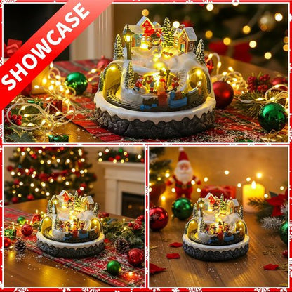 Christmas Village Decoration - Spinning Train & Snowman, Musical Collectible Buildings with LED Lights & Timer Function