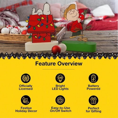 Mark Feldstein Peanuts Holiday LED Tabletop Lights - Snoopy's Doghouse & Charlie Brown Tree | 6 Inch (Set of 2)