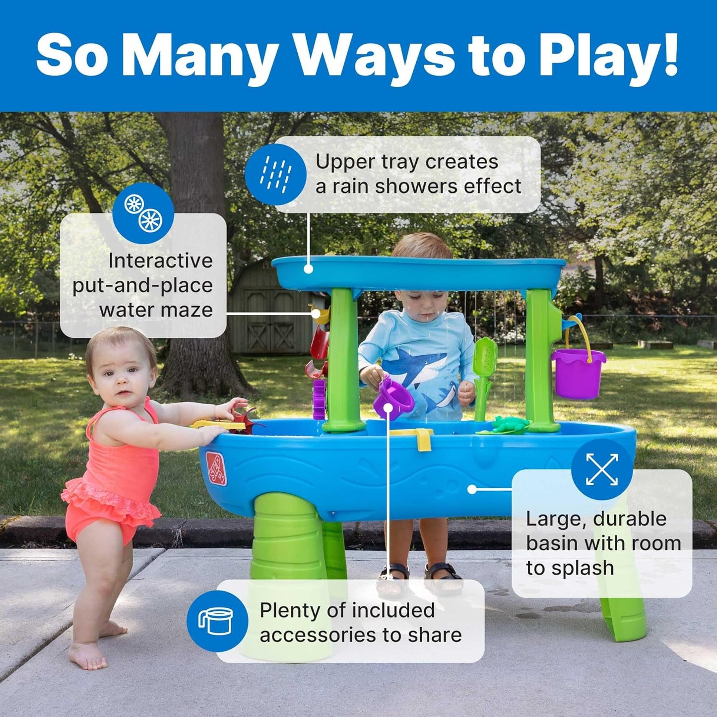 Step2 Rain Showers Splash Pond Water Table - Kids Sensory Playset with 13 Accessories | Blue & Green, Ages 1.5+