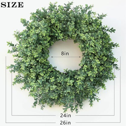 Boxwood Wreath | 26'' Large Artificial Greenery for Front Door & Home Decor - All Seasons