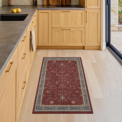 Hazo Haus Burgundy Washable Entry Rug - Non-Slip Low Pile | Modern Floral Design for Kitchen & Entryway