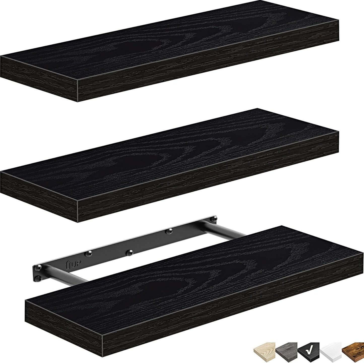 QEEIG Floating Shelves - Stylish Wall Storage for Bathroom, Bedroom & Kitchen | Set of 3, 16 Inch, Black