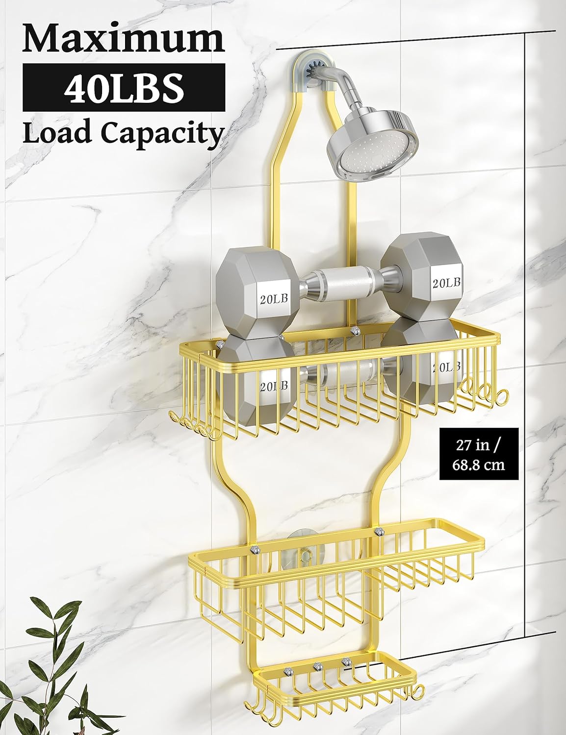 YASONIC Shower Caddy Organizer - Rustproof Aluminum Over-the-Showerhead Rack with 10 Hooks & Soap Basket - Gold