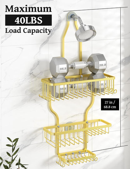 YASONIC Shower Caddy Organizer - Rustproof Aluminum Over-the-Showerhead Rack with 10 Hooks & Soap Basket - Gold