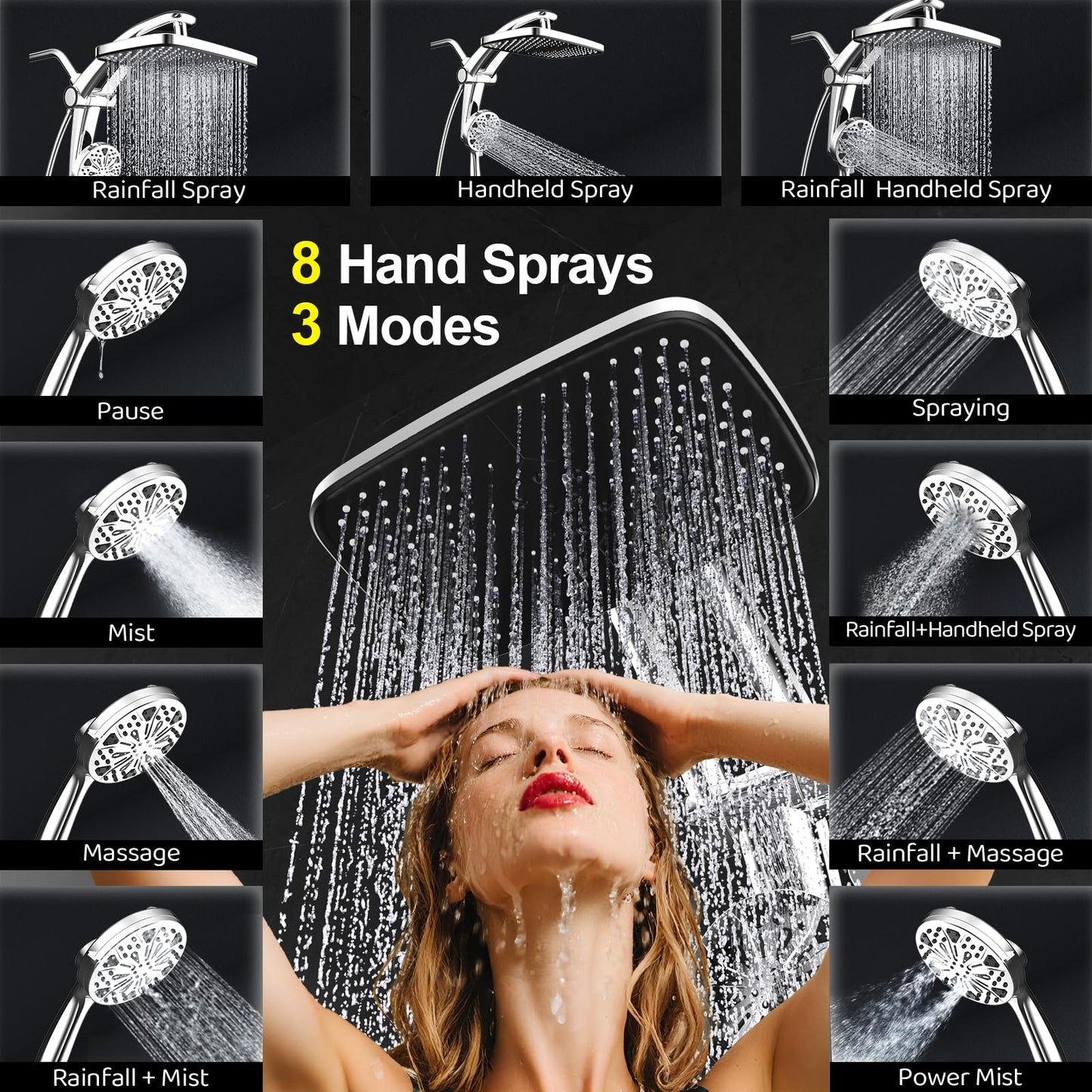 Rain Shower Head with Handheld High Pressure rainfall Shower Heads with Handheld Spray Combo Adjustable one-piece stand daul shower head Built-in Magnetic Docking and Power Jets-silver