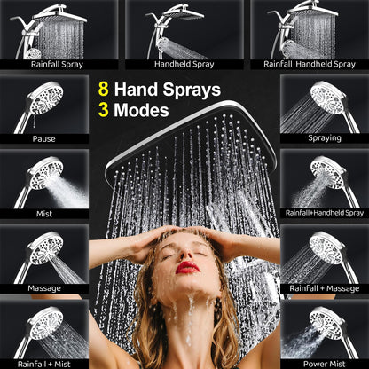 Rain Shower Head with Handheld High Pressure rainfall Shower Heads with Handheld Spray Combo Adjustable one-piece stand daul shower head Built-in Magnetic Docking and Power Jets-silver