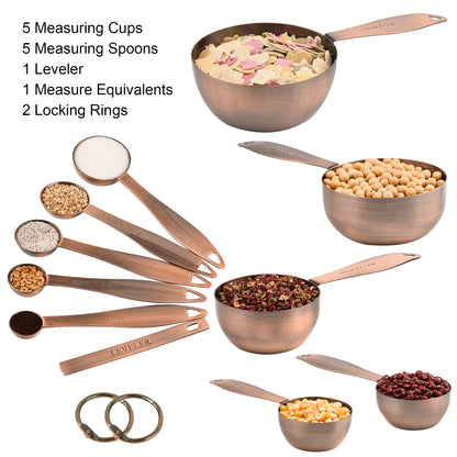 Smithcraft Measuring Cups and Spoons Set, 12 Pieces Stainless Steel Measuring Cup Set, Metal Copper Measuring Cups Spoons, Dry & Liquid Kitchen Measure Cup Spoon & Leveler & Measure Equivalents
