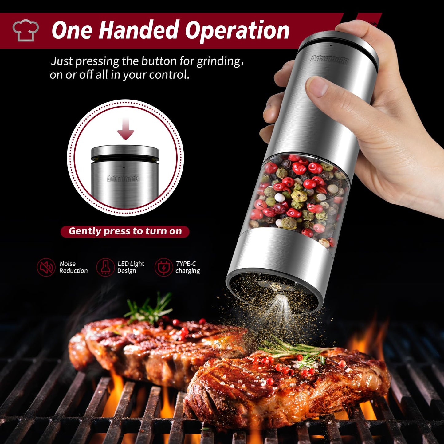 Stainless Steel Rechargeable Lighted Electric Salt and Pepper Grinder Set with Adjustable Coarseness,One Hand Operation Automatic Salt and Pepper Mill Grinder Shakers,2 Packs