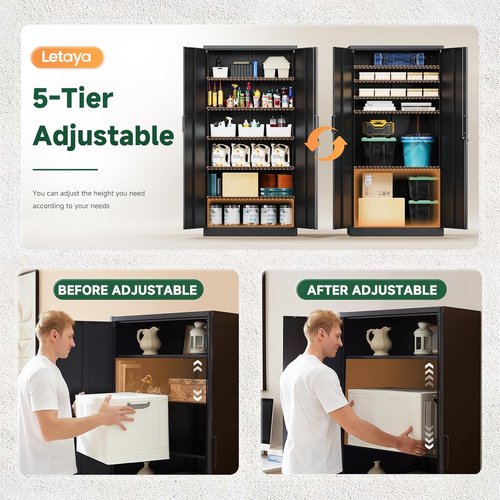 Letaya Metal Garage Storage Cabinets - 72" Tall Tool Organizer with Lock | 5 Adjustable Shelves, Black