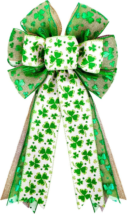 Patrick's Day Wreath Bow - Green Shamrock Ribbon for DIY Crafts & Party Decorations | 11x20 Inch