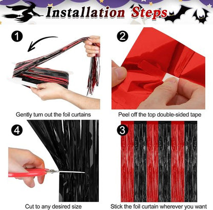 8 Pack Halloween Party Supplies - Red & Black Foil Streamer | 3.28 FT x 7.05 FT Metallic Fringe Curtains