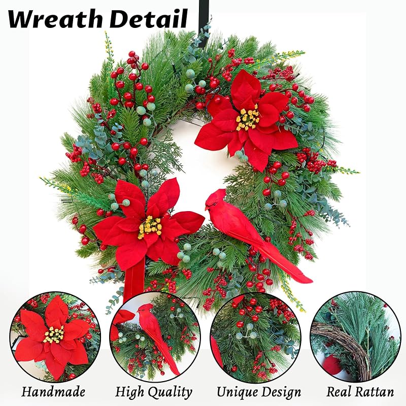 24-Inch Pre-Lit Christmas Door Wreath with Cardinal Birds & Poinsettia