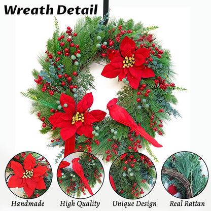24-Inch Pre-Lit Christmas Door Wreath with Cardinal Birds & Poinsettia