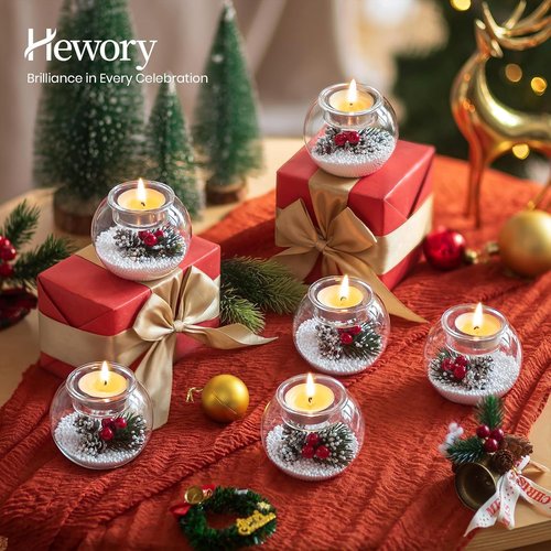 Hewory Tealight Candle Holders - Set of 6 Glass Holders with Red Berry & Pinecone | Christmas Table Decor
