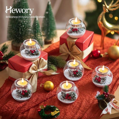 Hewory Tealight Candle Holders - Set of 6 Glass Holders with Red Berry & Pinecone | Christmas Table Decor