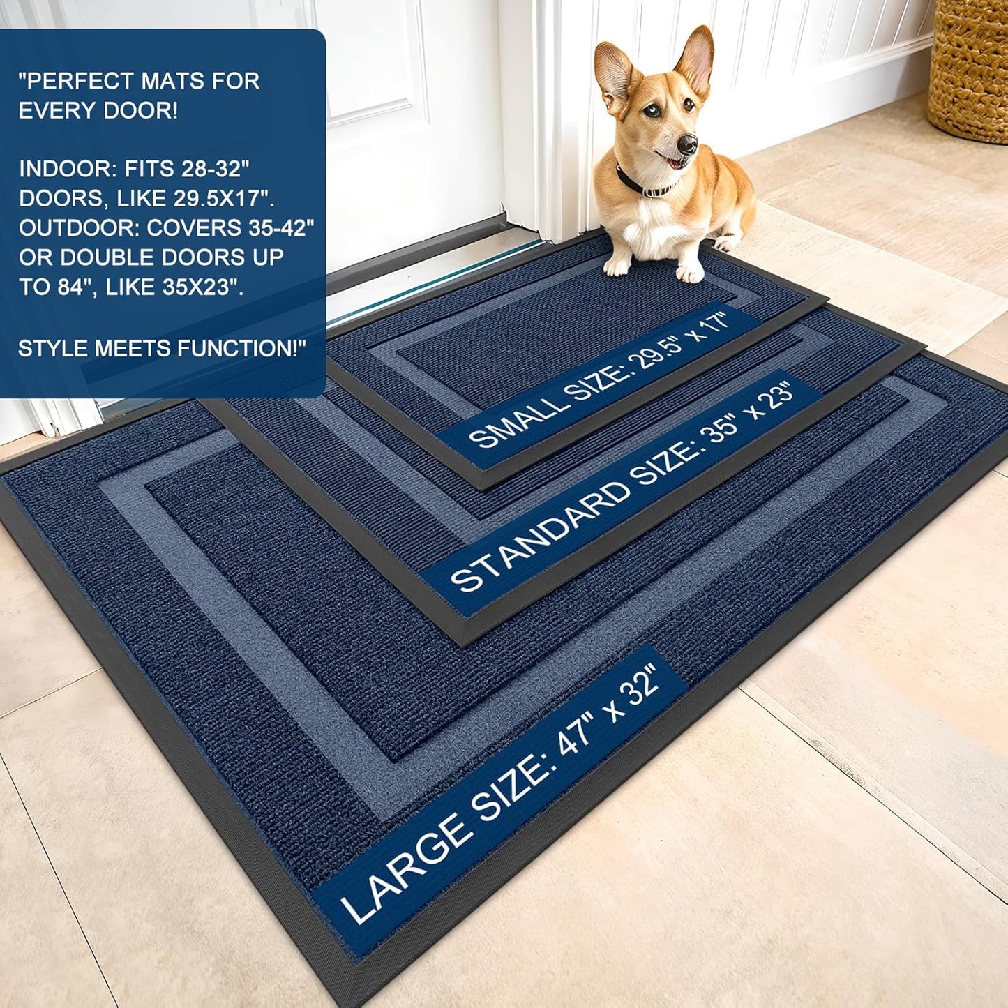 OLANLY Waterproof Front Door Mat - All-Season, Sturdy Natural Rubber, Easy Clean | 71x47, Blue
