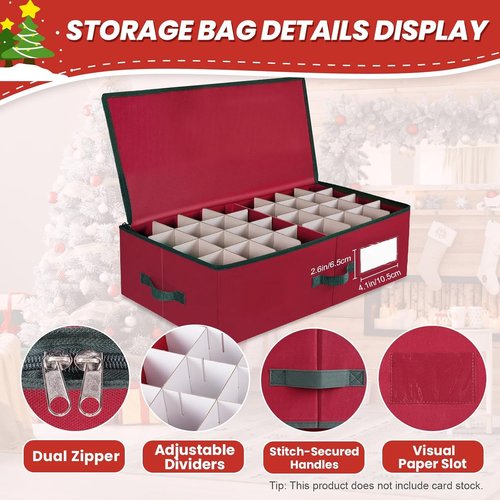 BlessedSeason Christmas Ornament Storage Box | Holds Up to 64 3” Balls - Adjustable Dividers & Dual Zipper