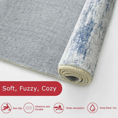 KOZYFLY Modern Abstract Hallway Runner Rug, 2.6x8 Washable Rug Runner Non-Slip Soft Striped Kitchen Runner Rugs, Print Distressed Grey Blue Carpet Runner for Entryway Bathroom Laundry Room Foyer