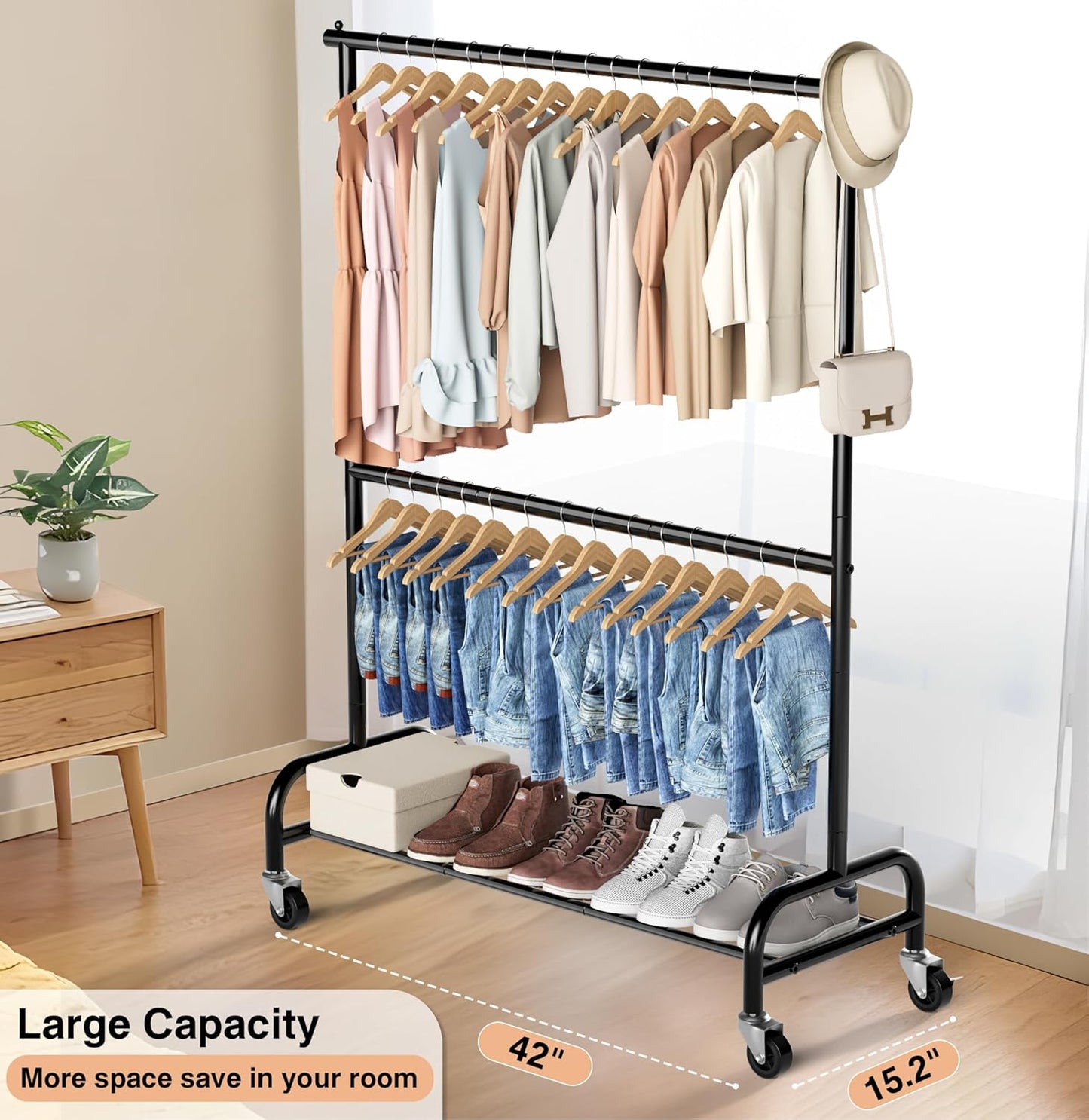 MISSLO Heavy Duty Clothing Rack - Adjustable Double Rod Garment Rack on Wheels | Metal, Black