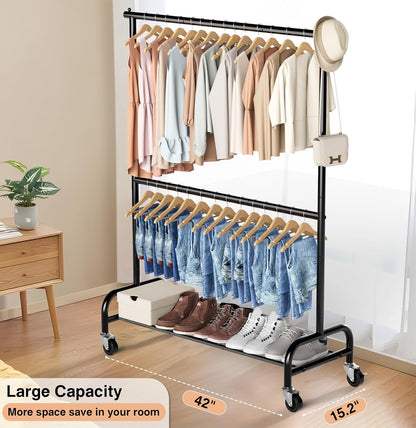MISSLO Heavy Duty Clothing Rack - Adjustable Double Rod Garment Rack on Wheels | Metal, Black
