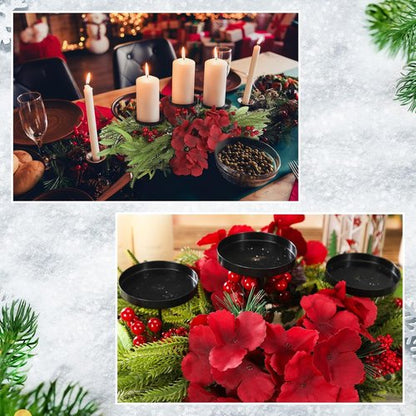 LemonRoad Christmas Table Centerpiece - 24 Inch Artificial Hydrangea Candelabrum with Candle Holders, Pine Needles & Berries