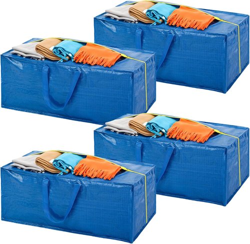 4 Pack Extra Large Moving Bags - Heavy Duty Storage Totes with Backpack Straps & Strong Zippers | Space-Saving Blue