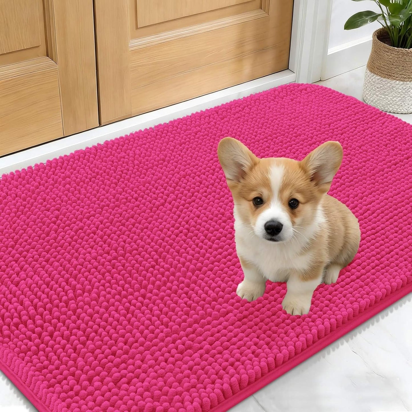 OLANLY Dog Door Mat - Absorbent Non-Slip Mud Mat for Indoor Use | Quick-Dry Chenille, 30x17, Hot Pink