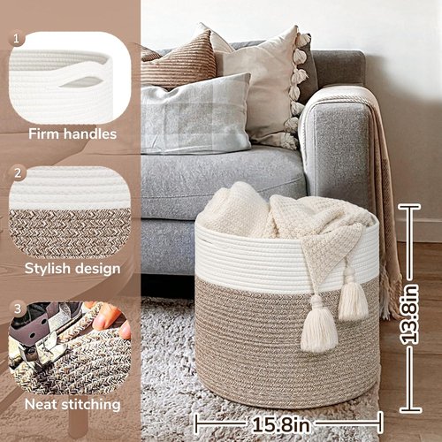 Goodpick Blanket Basket - Soft Cotton Rope Storage for Blankets & Toys | 15.8 x 15.8 x 13.8 Inches
