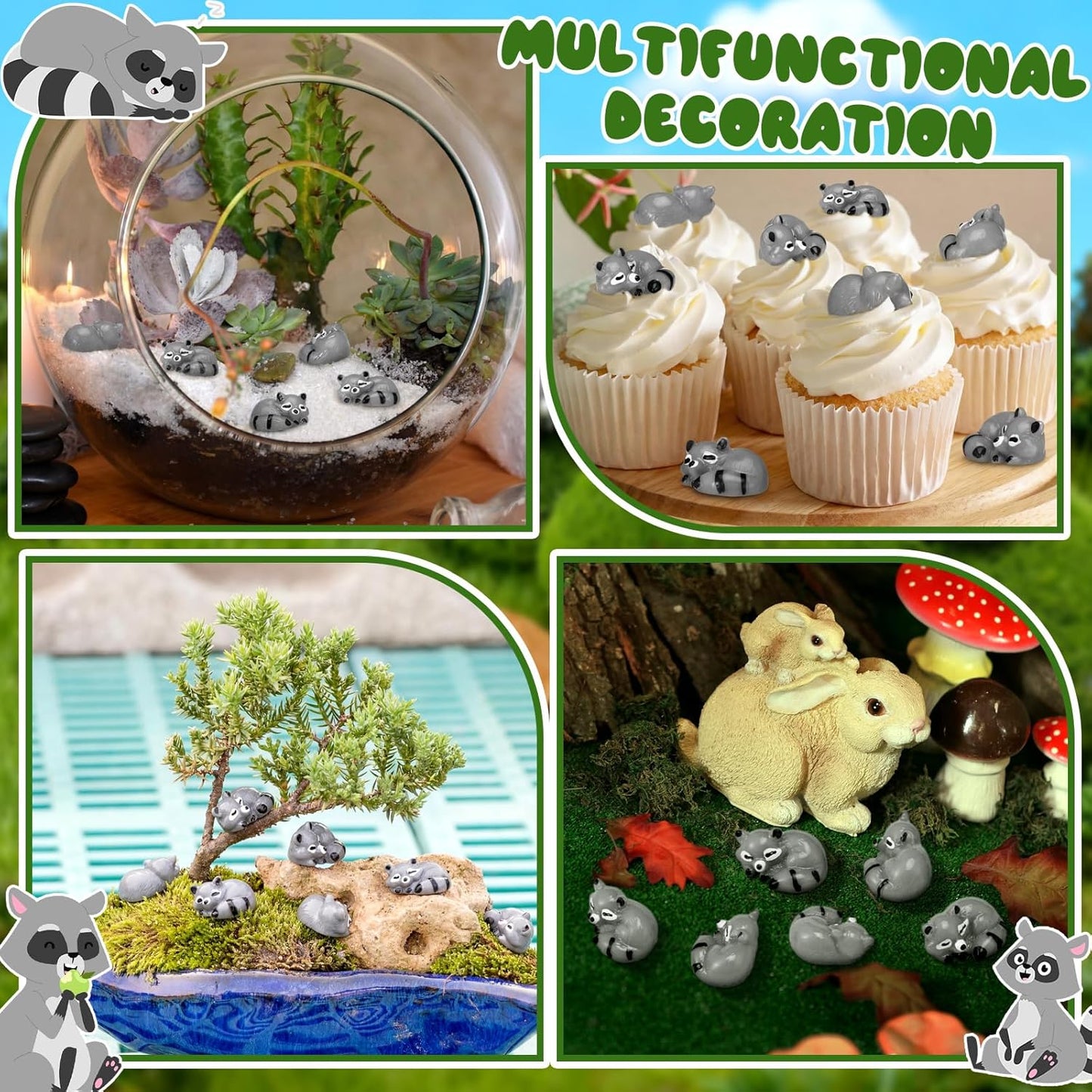 Seenelling Mini Raccoon Figurines - 50 Pcs Cute Resin Animal Decor for Cabin & Lodge | Tiny Home Accents