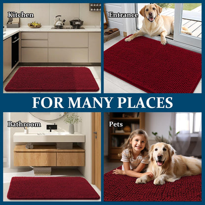 OLANLY Dog Door Mat - Absorbent Non-Slip Chenille Mat for Muddy Paws | 40x24 Inches, Quick Dry, Red