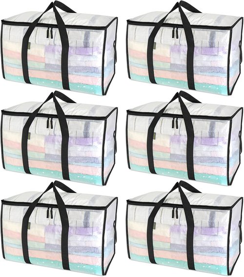 BALEINE 6-Pack Oversized Moving Bags - Heavy-Duty Storage Totes with Reinforced Handles (Clear)
