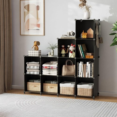 AWTATOS Cube Storage Organizer - Stackable 12-Cube Bookshelf for Closet & Home | Black