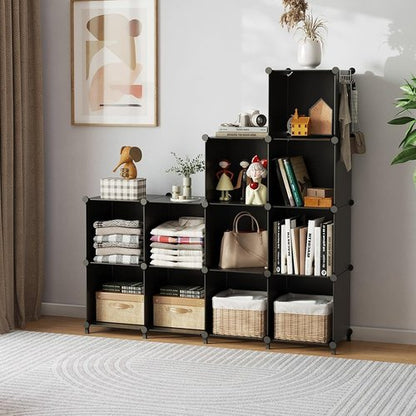 AWTATOS Cube Storage Organizer - Stackable 12-Cube Bookshelf for Closet & Home | Black