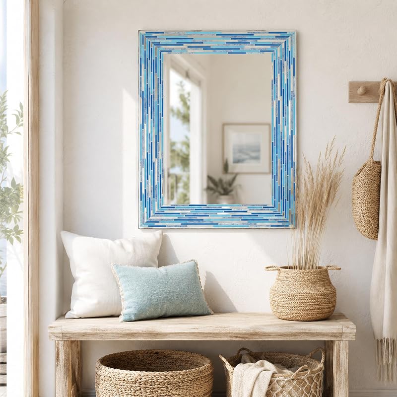 Head West Blues2 24 x 30 Frameless Mosaic Vanity Mirror - Reeded Tile-Print Rectangle Wall Mirror
