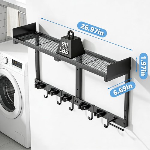 HUFAND Broom Holder Wall Mount - Heavy Duty Mop Organizer with Top Shelf & Vacuum Hook | 27" Black Utility Rack for Laundry, Garage, Kitchen, Garden