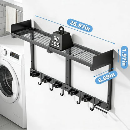 HUFAND Broom Holder Wall Mount - Heavy Duty Mop Organizer with Top Shelf & Vacuum Hook | 27" Black Utility Rack for Laundry, Garage, Kitchen, Garden