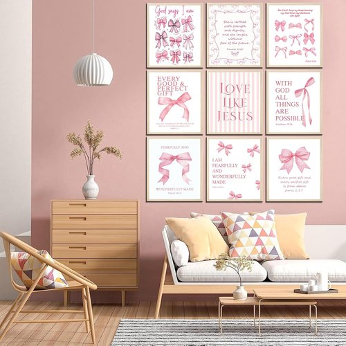 Coquette Pink Bow Wall Art - Inspirational Bible Verses Canvas Prints | 8x10 Unframed Decor for Teen Girls