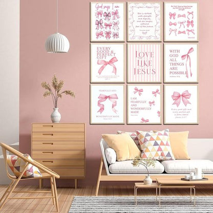 Coquette Pink Bow Wall Art - Inspirational Bible Verses Canvas Prints | 8x10 Unframed Decor for Teen Girls