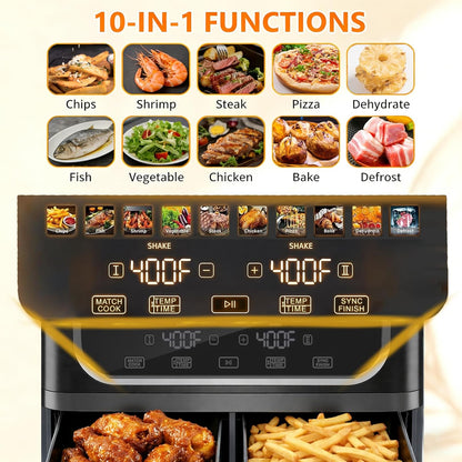 Simple Deluxe 9.5-Qt Dual Basket Air Fryer - 10-in-1 Digital Preset, 1700W, Nonstick, Black