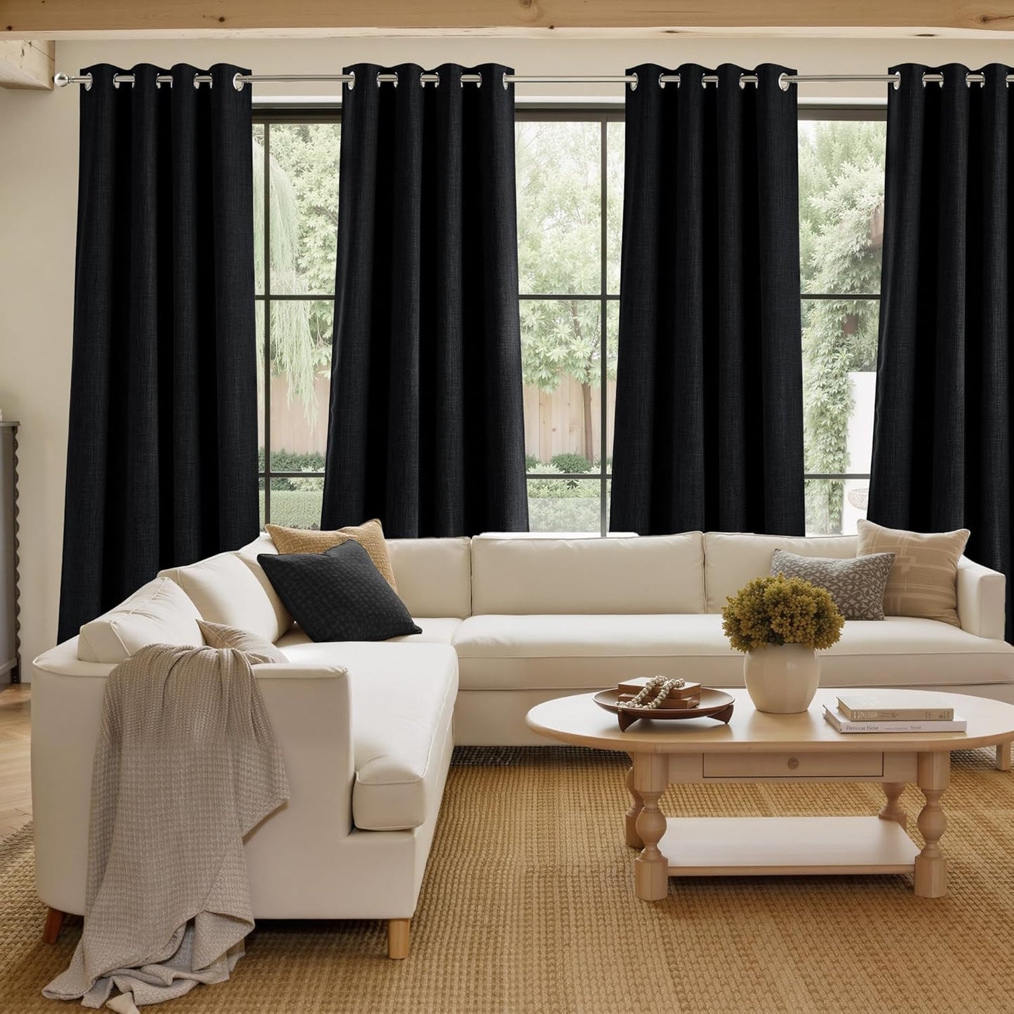 NICETOWN Black Faux Linen Blackout Curtains - 63-Inch Privacy Panels for Living Room & Bedroom | Easy Care Grommet Top, 2 Panels