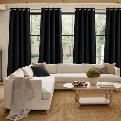 NICETOWN Short Faux Linen Black Blackout Curtains 63 inches Long for Kitchen - Privacy Panels for Living Room Bedroom, Modern Farmhouse Style Easy Care Grommet Top, 2 Panels, W42 by L63
