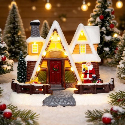 LED Lighted Village House - 6.9 Inch Triangular Christmas Decoration with Santa Claus Statue
