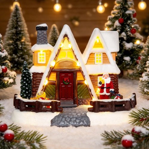 LED Lighted Village House - 6.9 Inch Triangular Christmas Decoration with Santa Claus Statue