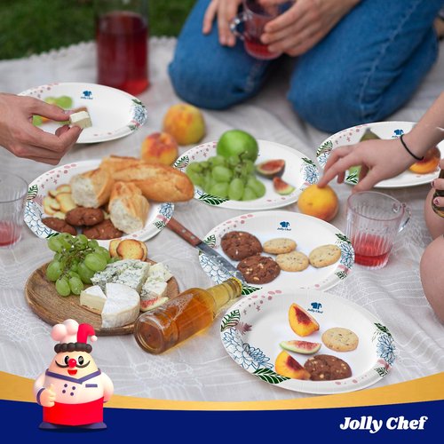 JOLLY CHEF 𝟭𝟰𝟬 𝗖𝗼𝘂𝗻𝘁 𝗣𝗮𝗽𝗲𝗿 𝗣𝗹𝗮𝘁𝗲𝘀 𝟭𝟬 𝗶𝗻𝗰𝗵 Soak Proof, Cut Proof, Heavy Duty Flower Printed Disposable Paper Plates for Everyday Use