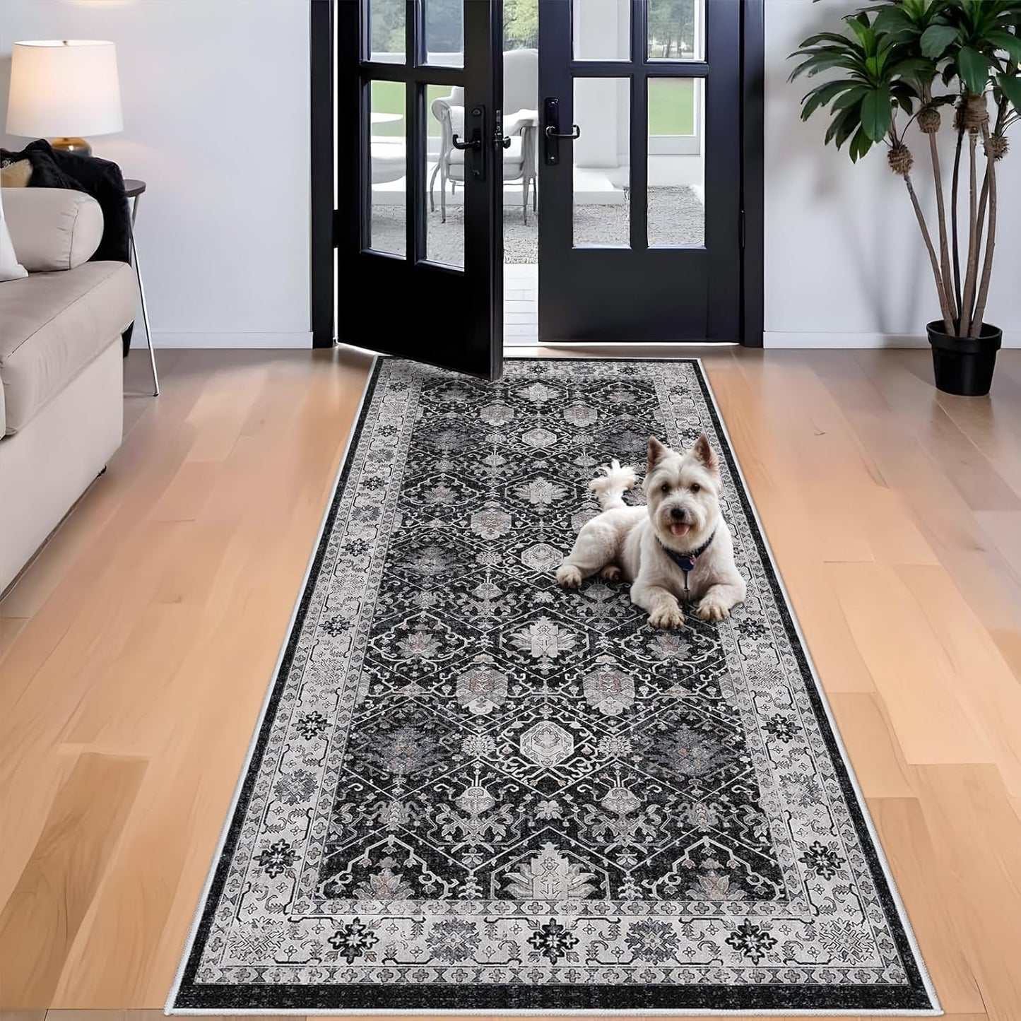 Regine Switzerland Washable 4x8 Hallway Runner Rug - Vintage Soft Low Pile Carpet with Non-Slip Backing | Black