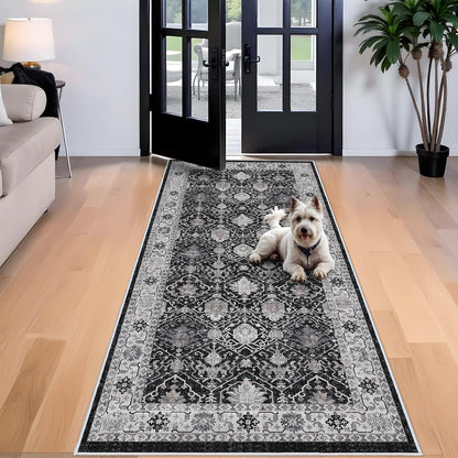 Regine Switzerland Washable 4x8 Hallway Runner Rug - Vintage Soft Low Pile Carpet with Non-Slip Backing | Black