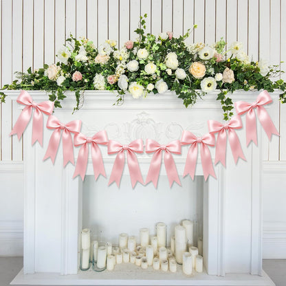 Skiennix Pink Bow Garlands - 16PCS Pre-Strung Satin Ribbon Ornaments for Parties & Celebrations