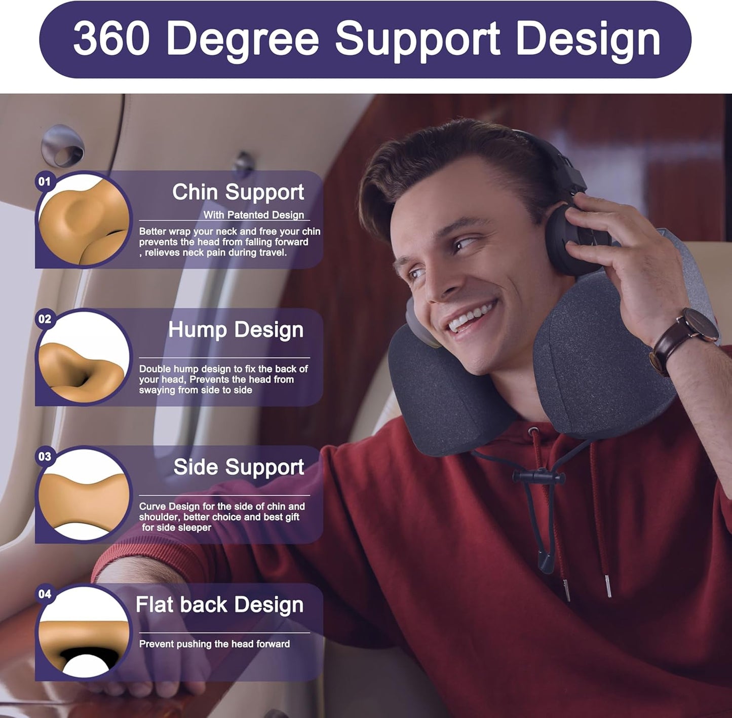 Napfun Neck Pillow - Upgraded 100% Pure Memory Foam Travel Pillow for Airplane | Portable Black Headrest
